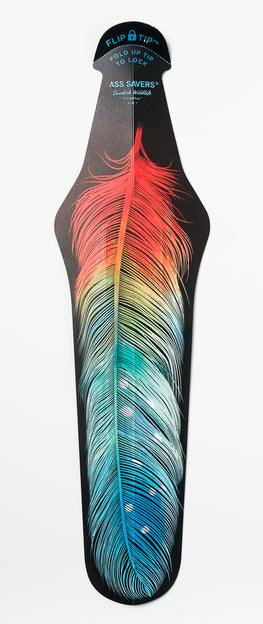 Ass Savers saddle mudguard with multi-colored print of a feather on black background