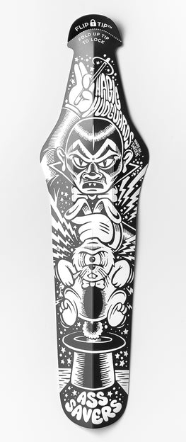 Black-and-white saddle mudguard with expressive graphic depicting magician pulling angry rabbit from hat by Martin Ander aka Mander